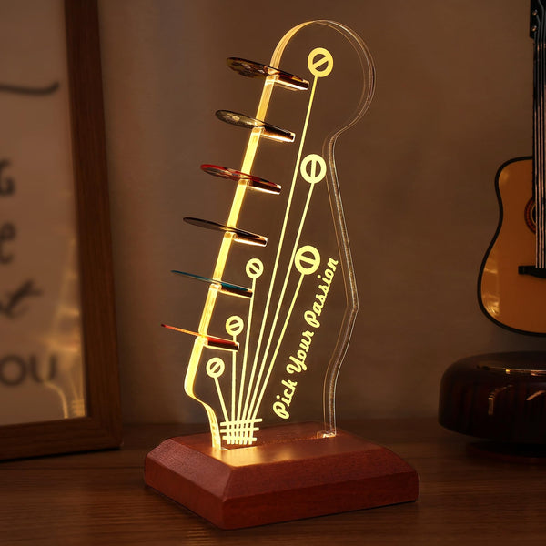 Acrylic Guitar Headstock Shaped Pick Holder with Wooden Base